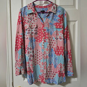 NWOT Talbots Geo Print Collared Pullover Blouse, Relaxed & Flowy, Lightweight.